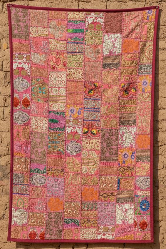 Tapisserie Murale Vintage Patchwork Brodée Main Avec Miroirs - 60x40cm
