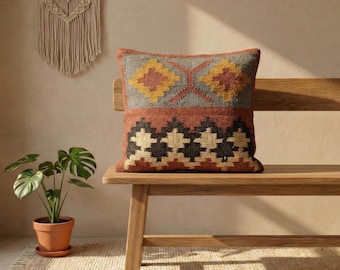 Handmade Jute Pillow Cover, Tribal Geometric Kilim Design, 18x18