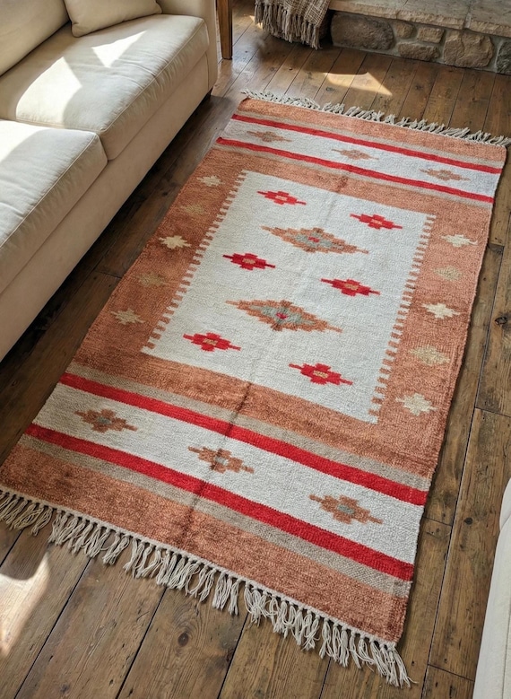 Handwoven Cotton Silk Area Rug 3x5 ft | Terracotta Boho Southwestern Kilim Carpet