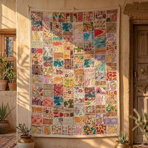Handmade Patchwork Tapestry Wall Hanging, Embroidered Vintage Tapestry Indian Quilt, Oversized Tapestry Wall Art (40x60 inches)