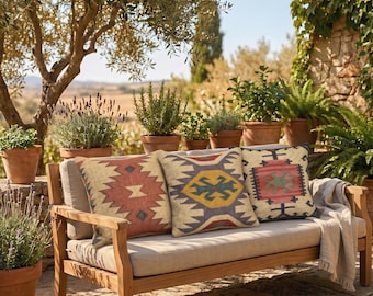 May include: A wooden outdoor sofa with light beige cushions and three decorative throw pillows featuring geometric patterns in red, blue, yellow, and green. A light beige throw blanket is draped over the right arm of the sofa.