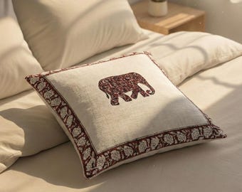 Funda de almohada con estampado de elefante a mano / Cojín de algodón indio, decoración bohemia para el hogar