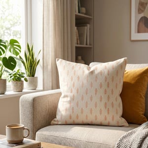 Hand Block Print Cushion Cover | Peach Botanical Leaf Pillow | Indian Cotton Décor