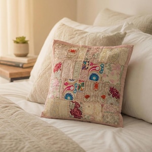 Handmade Patchwork Pillow Cover: Boho Throw Pillow with Embroidery