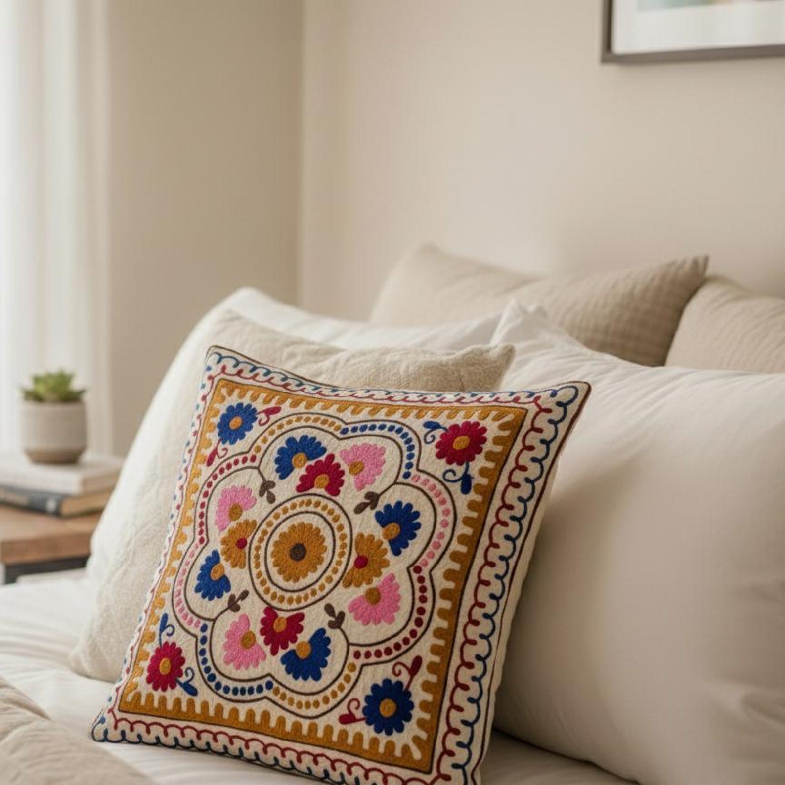thumbnail image 2 of Handmade Indian Cotton Vintage Pillow Cover 20x20 | Boho Embroidered Cushion Cover 2 of 4