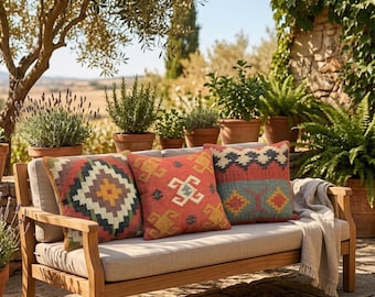 Juego de fundas de almohada Kilim de yute tejidas a mano, decoración bohemia geométrica tribal (18 x 18)