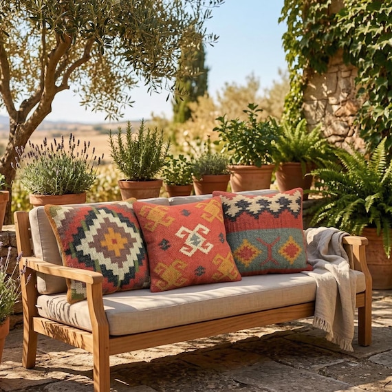 Handwoven Jute Kilim Pillow Cover Set, Tribal Geometric Boho Decor (18x18)