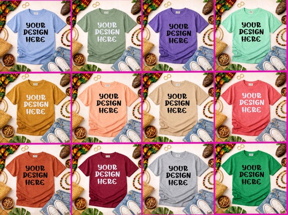Comfort Colors 1717 T-Shirt Mockup – Afrocentric, Black History Month Style, PNG/JPG Flatlay, Digital Download for Etsy & Print on Demand