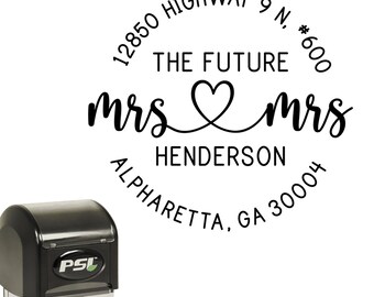 Custom Mrs and Mrs Return Address Stamp Self Inking, Personalized Lesbian Wedding Gift | Round Heart Design