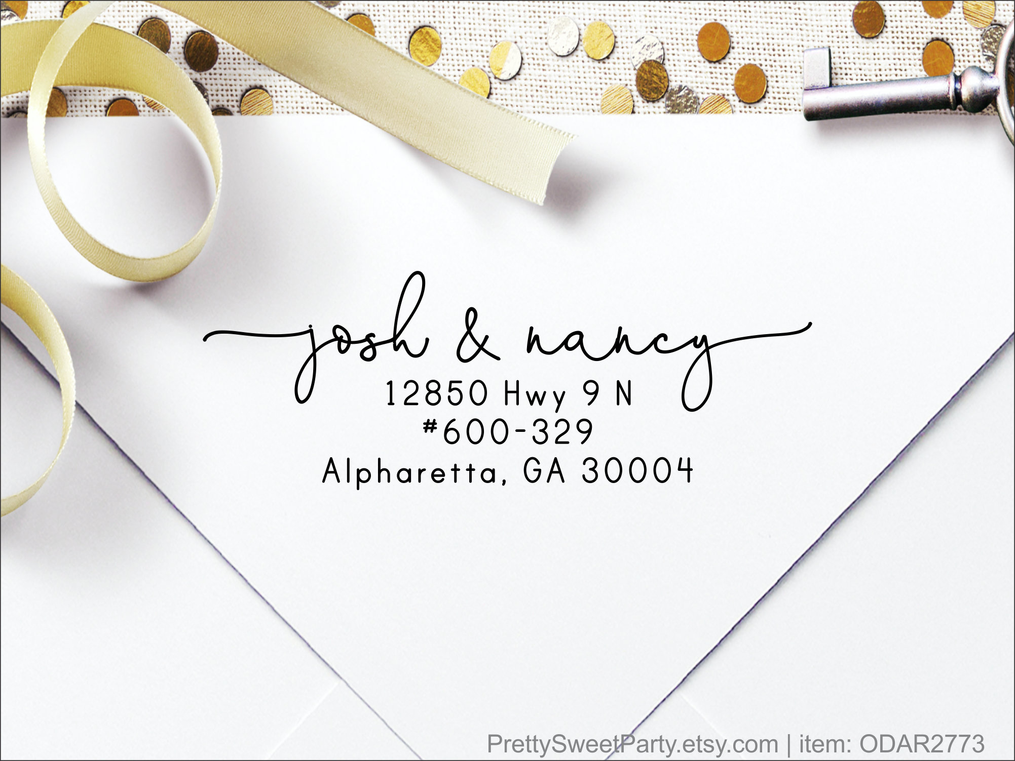 Return Address Stamp, Self inking address stamp, lowercase script font, cursive font. Matching address labels available