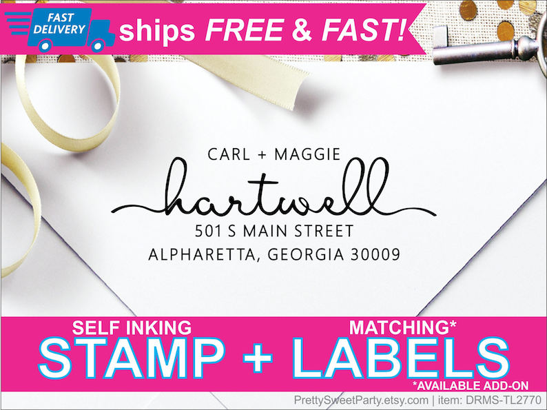 Modern Calligraphy Personalized Self Inking Return Address Stamp DRMS-TL2770 Perfect Housewarming or Wedding Gift!