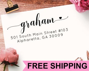 Custom Return Address Stamp - Self Inking - or Labels - Lowercase Script Font with a Heart - Housewarming Gift