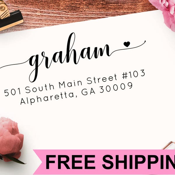 Custom Return Address Stamp - Self Inking - or Labels - Lowercase Script Font with a Heart - Housewarming Gift