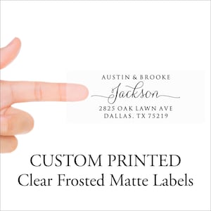 CLEAR Address Labels - Mailing Stickers, Frosted Transparent Custom Printed Return Address Label Sheets - 4 Lines, Script with Tails