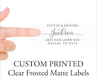 CLEAR Address Labels - Mailing Stickers, Frosted Transparent Custom Printed Return Address Label Sheets - 4 Lines, Script with Tails