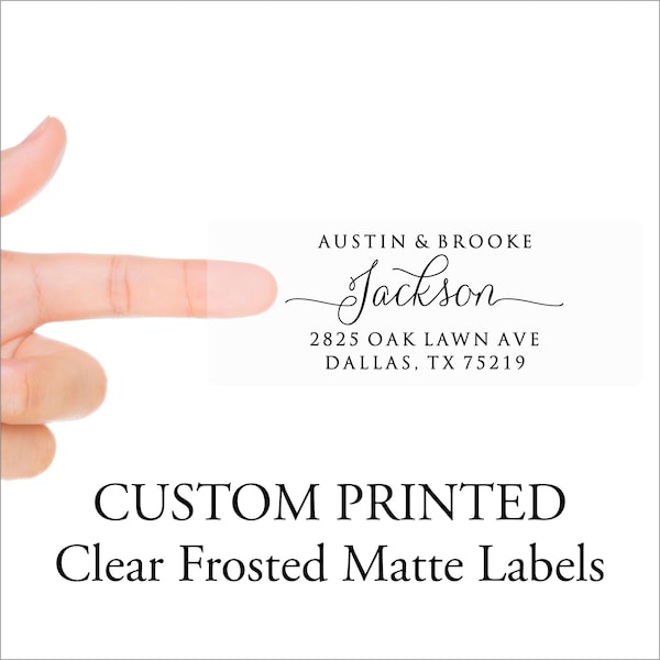 CLEAR Address Labels - Mailing Stickers, Frosted Transparent Custom Printed Return Address Label Sheets - 4 Lines, Script with Tails