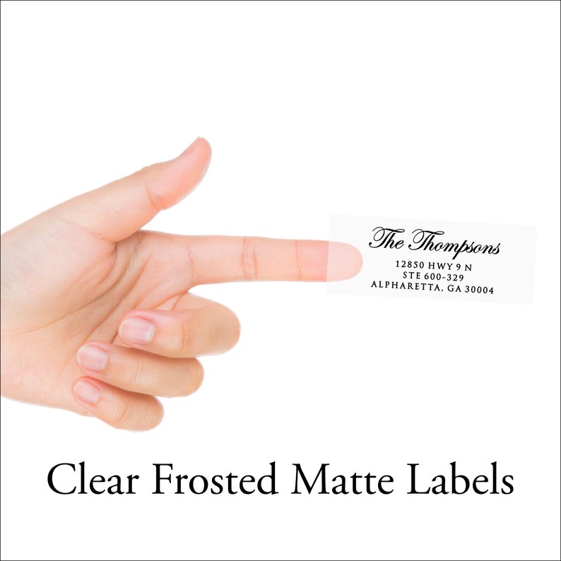 CLEAR Address Labels Mailing Stickers, Frosted Transparent Custom Printed Return Address Label Sheets Edwardian Script, Wedding image 2