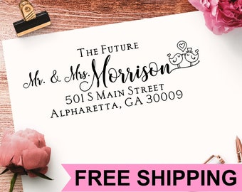 Wedding Invitation Envelope Stamp, The Future Mr. & Mrs. Love Birds Return Address Stamp or Label Stickers, Self Inking Rubber Stamper