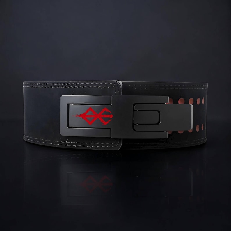 Front view for berserk lever belt with brand of sacrifice logo. Anime weightlifting belt for powerlifting.