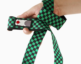Hanafuda Anime Lifting Straps - Grün karierte gepolsterte Handgelenkschlaufen aus Baumwolle für Power- und Gewichtheben