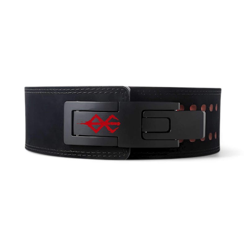Front view for berserk lever belt with brand of sacrifice logo. Anime weightlifting belt for powerlifting.