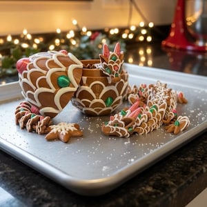 May include: Gingerbread dragon and decorative container with intricate white icing details, green and red accents, and a snowflake cookie on a silver tray. Festive holiday decor.