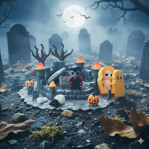 Peut inclure: Une scène miniature d'un cimetière d'Halloween avec un vampire, une momie et des citrouilles. La scène comprend une tombe, un cercueil et une pleine lune en arrière-plan. La palette de couleurs est sombre avec des accents orange et jaune.