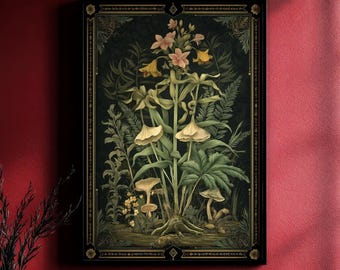 Dunkle botanische Wand-Kunstdruck, gotische Blumen- und Pilz-Illustration, Vintage Natur-Druck, Hexen-Dekoration, Geschenk für Sie und Ihn, 294