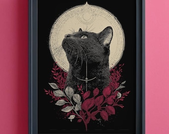 Mystical Cat Gift, Moon Phase Witch Print,Goth Halloween Gift, Black Cat Botanical Wall Art, Occult Feline Poster, Spiritual Home Decor, 255