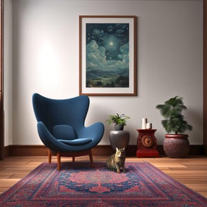 Puede incluir: Un sill&oacute;n azul con patas de madera se encuentra sobre una alfombra estampada en una habitaci&oacute;n con una pintura de paisaje enmarcada. Un gato atigrado est&aacute; sentado en la alfombra. Plantas decorativas y una mesa auxiliar roja completan la escena.