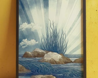 Beautiful Blue Seaweed and Sun Print, Beach Coastal Bathroom Art, Coastal Nature , Sea Lover Gift, Botanical Rockpool, Mystical Ocean 140