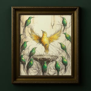 Stampa ad acquaforte di uccello mistico, decorazione murale in stile fenice dorata, poster di animali della foresta spirituale, regalo di natura mitologica, canarino giallo, uccello verde 004