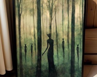 Shadow Forest Spirits Print, Haunted Woods, Woodland Creature Poster, Dark Folklore Art Gift, Surreal Gothic Witchy, Moody Bedroom Decor,167