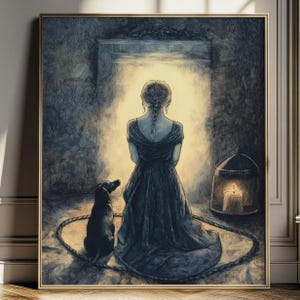 Girl and Dog Circlework, Magical Portal Art, Mystical Shadows, Candle Witchy Decor, Moody Spiritual Gothic Gallery Wall, Unique Pet Gift,207