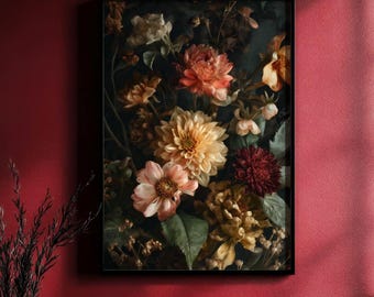 Dark Floral Still Life Print, Moody Flower Wall Art, Baroque Style Home Decor, Vintage Botanical Poster, Gothic Gift, 292