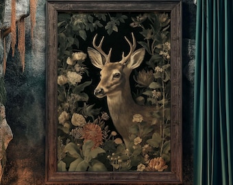 Dark Aesthetic Deer Art Print, Enchanted Woodland Stag Wall Art, Moody Nature Illustration Poster, Rustic Forest Gift, 303