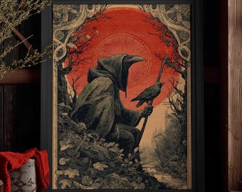 Plague Doctor Wall Art, Gothic Crow Poster, Macabre Dark Fantasy Illustration, Moody Folklore Medieval Print, Unique Goth Gift, 315