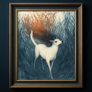 May include: Framed art print featuring a white deer-like creature with flowing, fiery orange and black hair, set against a backdrop of blue and teal foliage. The artwork is enclosed in a gold-toned frame, creating a striking contrast.