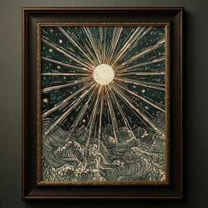 Himmlisches Meer und Mond Druck, mystisches kosmisches Ozean Poster, psychedelische Starburst Wandkunst, spirituelles Natur Geschenk, dunkle schwermütige gotische Kunst 015