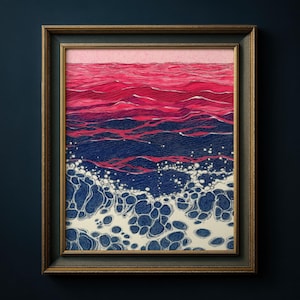 Stampa artistica astratta di schiuma oceanica, stampa murale di mare rosa e blu navy, poster di onde da surf, idea regalo audace per la costa, decorazione di paesaggi marini da sogno, arte cremisi, 110
