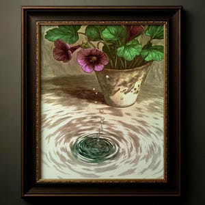 Può includere: Un'opera d'arte incorniciata raffigura una pianta in vaso con fiori viola e foglie verdi. Il vaso è sopra una superficie d'acqua con increspature concentriche e una goccia d'acqua che cade. La cornice è marrone scuro.