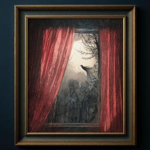 Gothic Vogel Am Fenster Druck, Dunkel Romantische Natur Poster, Mystische Mond Wald Wand Kunst, Schatten Folk Geschenk, Krähe Stimmungsvoll, Schlafzimmer Kunst,017