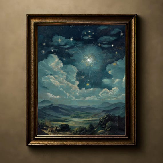 Celestial Starry Night Print, Ethereal Sky Poster,  Moody Mystical Landscape Wall Art, Cosmic Sky Art Gift, 412