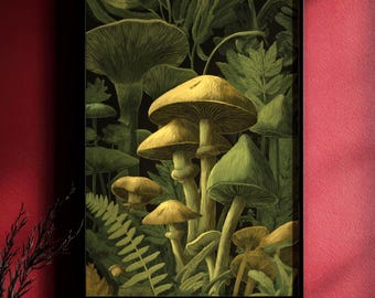 Mushroom and Ferns Print, Botanical Fungi Wall Art, Dark Forest Nature Illustration, Green Cottagecore Gift, Enchanted Woodland Decor, 282