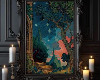 Può includere: Un dipinto di paesaggio incorniciato in una cornice nera scura e ornata. L'opera raffigura una scena notturna con un albero, montagne e un cielo stellato. Candele accese in portacandele ornati in primo piano.