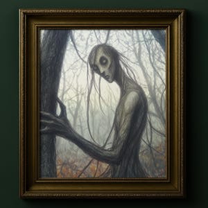 Stampa horror con spirito della foresta, arte di fantasmi del bosco oscuro, poster del mito gotico, regalo di natura inquietante per lui o per lei, spirito guardiano dell'albero, 011