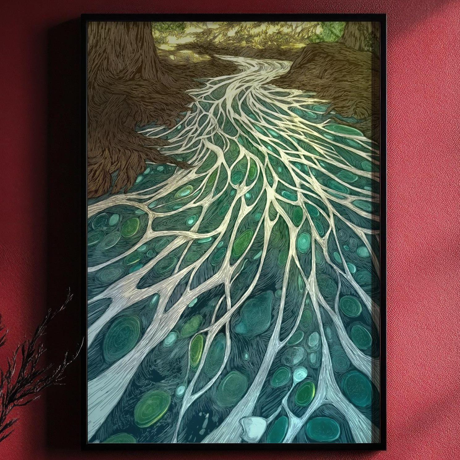 Mystical River Roots Art Print, Earth Energy Art, Surreal Forest