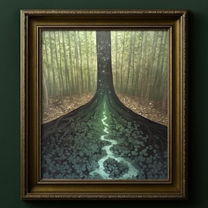 Mystischer Waldbaum Druck, Verzauberter Waldweg Poster, Spirituelles Natur Kunstwerk, Grünes Märchen Geschenk, 006