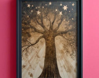 Puede incluir: Una obra de arte enmarcada que presenta un árbol detallado con luz radiante y acentos de estrellas. El árbol está representado en tonos marrones y beige, con un marco azul oscuro. Las estrellas son de un tono más claro, creando contraste.