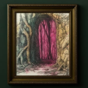 Impression portail forêt mystique, art mural passerelle enchantée, affiche folklorique du crépuscule rose, idée cadeau sorcière, Cottagecore sombre, fée, 030